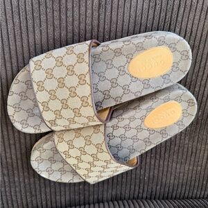 Gucci Beige and Brown Logo Slides
